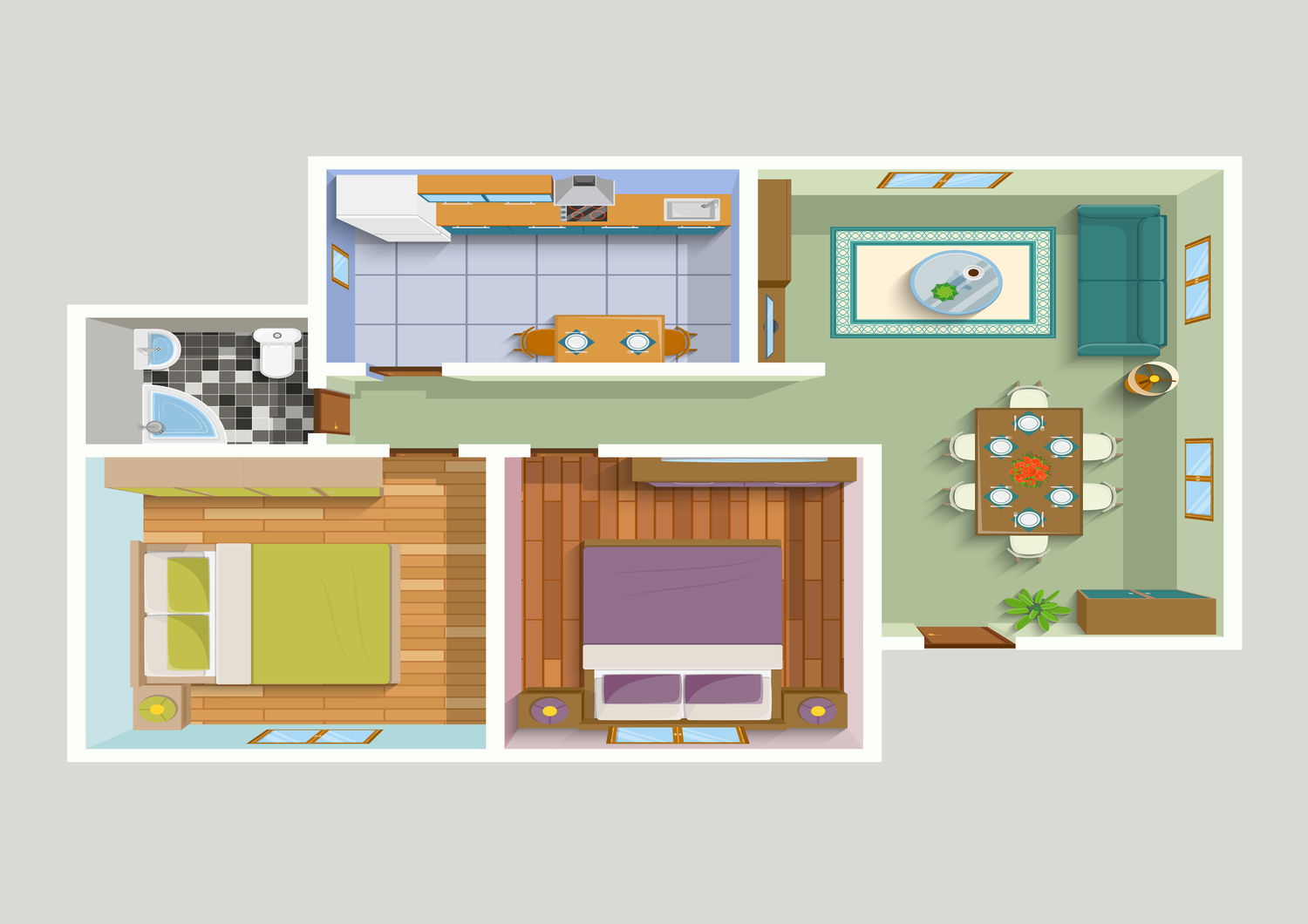 Top view apartment interior detailed plan with lounge kitchen bathroom two bedrooms furniture vector illustration